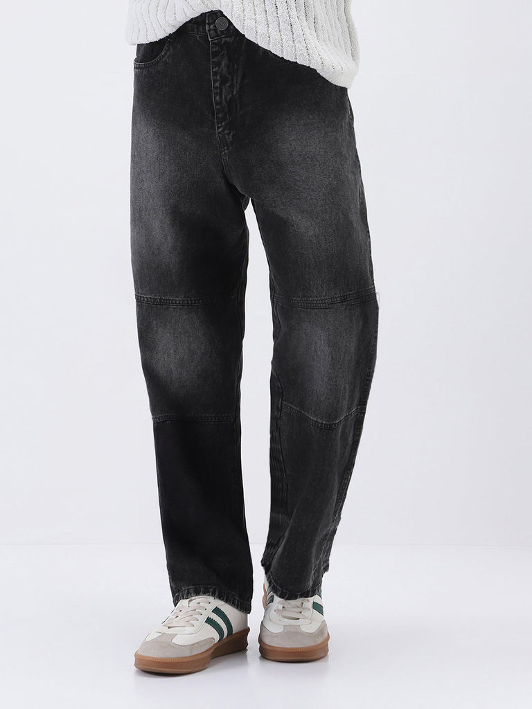 Men's Black Loose Baggy Fit Cut and Sew Panelled Jeans Non-Stretchable
