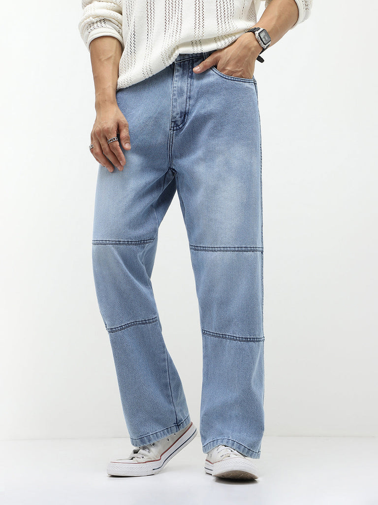 Men's Ice Blue Loose Baggy Fit Cut and Sew Panelled Jeans Non-Stretchable
