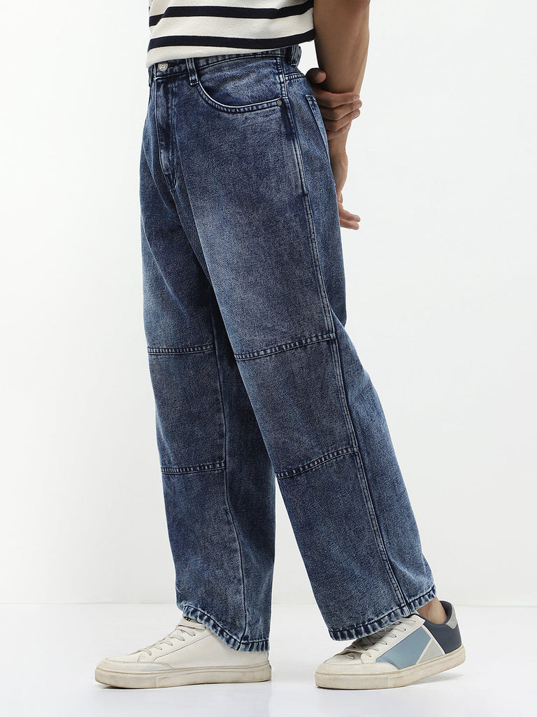Men's Blue Loose Baggy Fit Cut and Sew Panelled Jeans Non-Stretchable