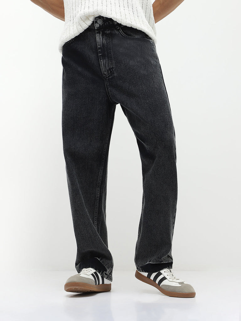 Men's Black  Loose Baggy Fit Washed Jeans Non-Stretchable