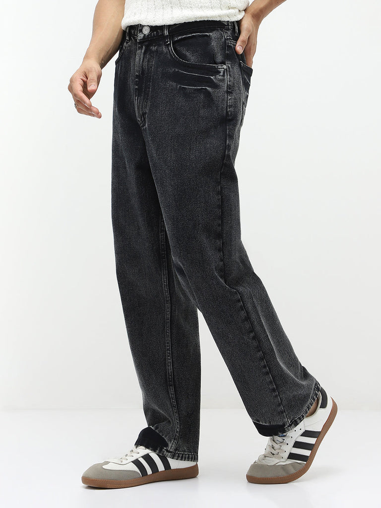 Men's Black  Loose Baggy Fit Washed Jeans Non-Stretchable