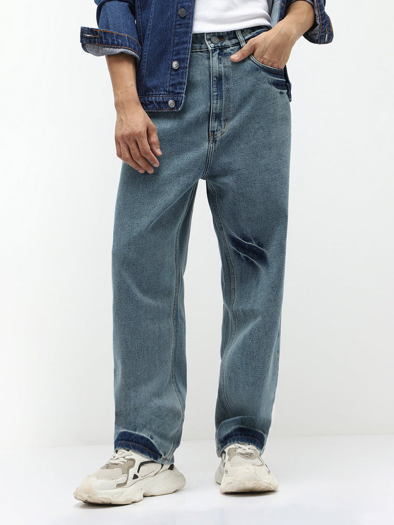 Men's Light Blue  Loose Baggy Fit Washed Jeans Non-Stretchable