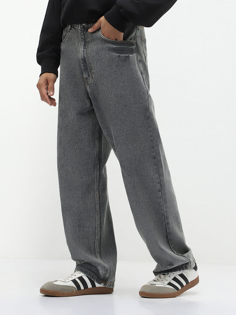 Men's Light Grey Loose Baggy Fit Washed Jeans Non-Stretchable