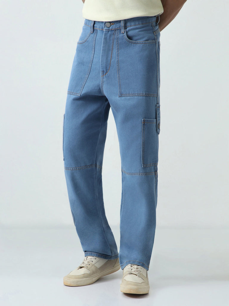 Men's Light Blue Loose Baggy Fit Washed Cargo Jeans with 6 Pockets Non-Stretchable