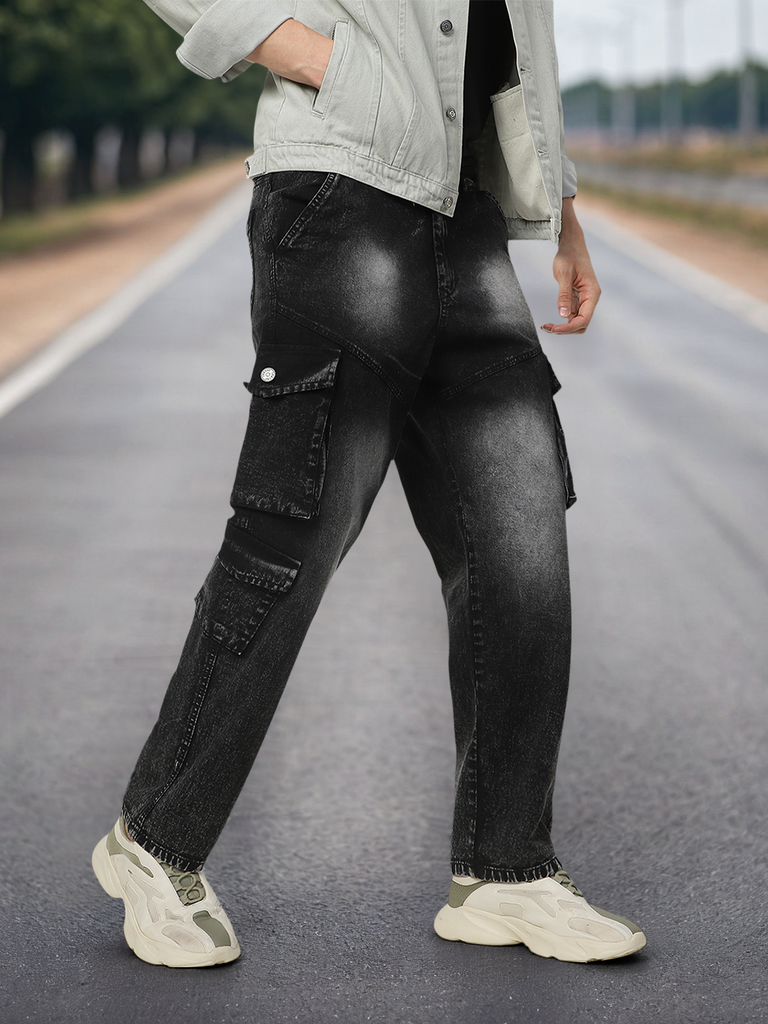 Men's Black Loose Baggy Fit Washed Cargo Jeans with 7 Pockets Non-Stretchable