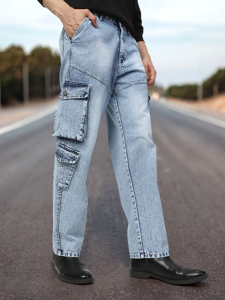 Men's Ice Blue Loose Baggy Fit Washed Cargo Jeans with 7 Pockets Non-Stretchable