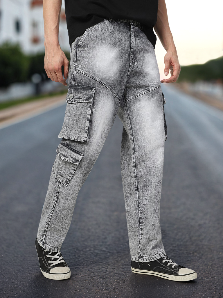 Men's Ice Grey Loose Baggy Fit Washed Cargo Jeans with 7 Pockets Non-Stretchable