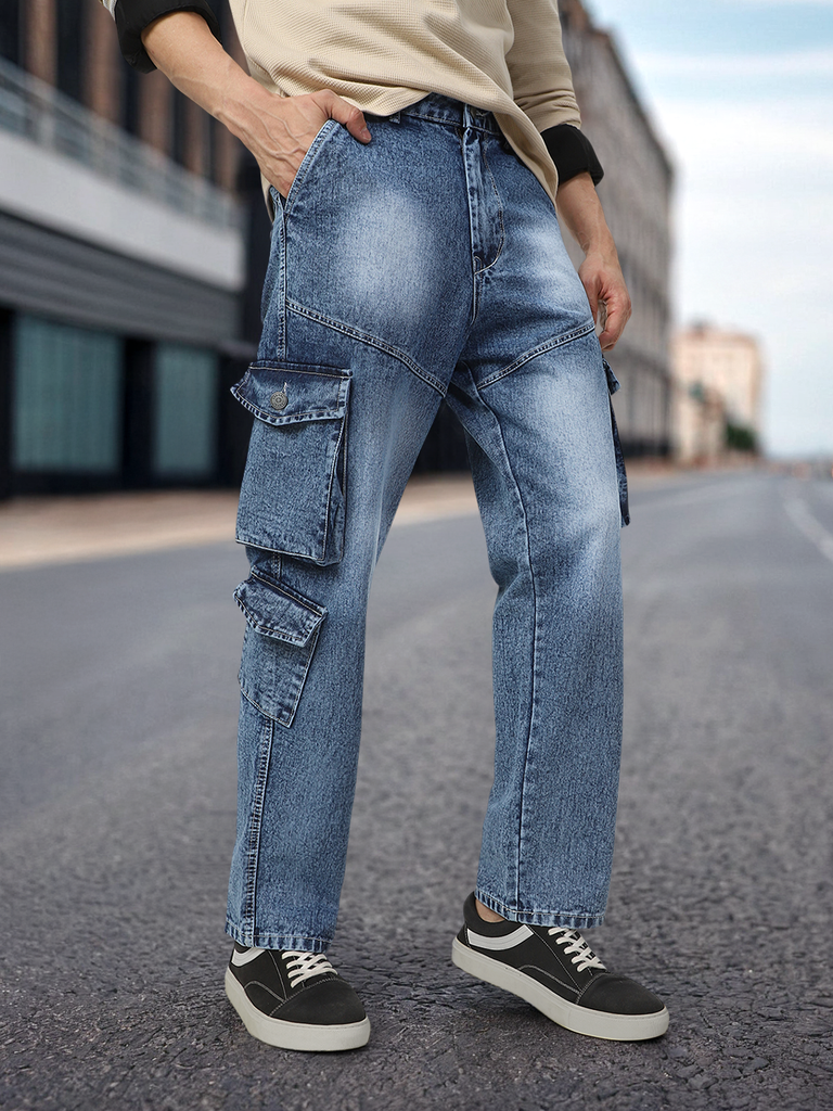 Men's Light Blue Loose Baggy Fit Washed Cargo Jeans with 7 Pockets Non-Stretchable