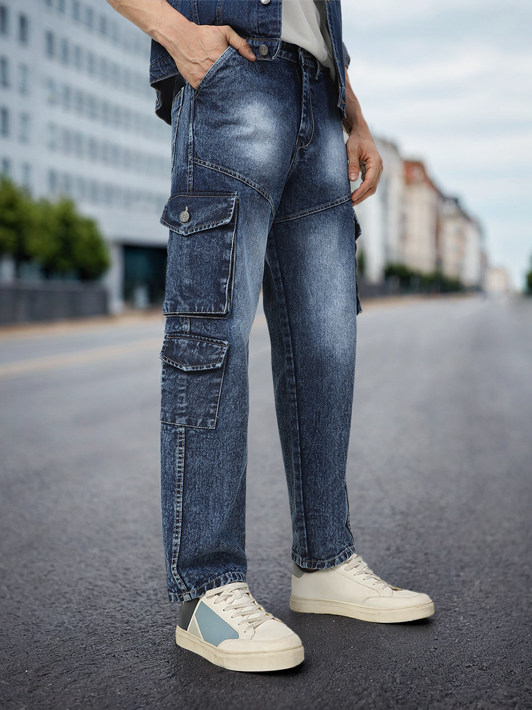 Men's Blue Loose Baggy Fit Washed Cargo Jeans with 7 Pockets Non-Stretchable