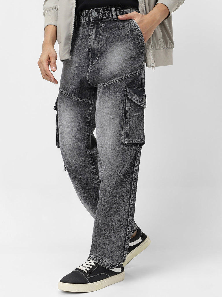 Men's Grey Loose Baggy Fit Washed Cargo Jeans with 7 Pockets Non-Stretchable