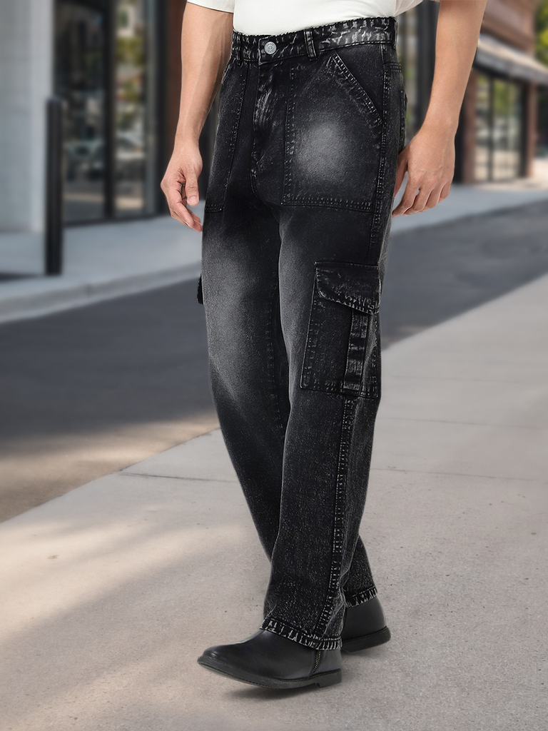 Men's Black Loose Baggy Fit Washed Cargo Jeans with 6 Pockets Non-Stretchable
