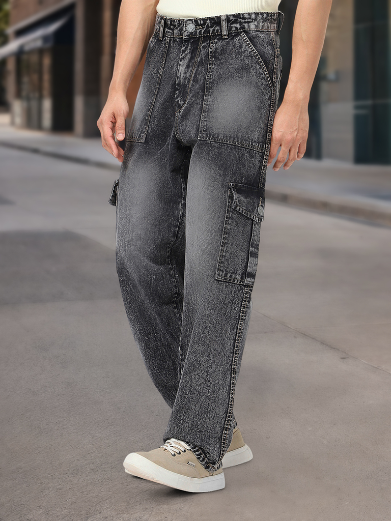 Men's Grey Loose Baggy Fit Washed Cargo Jeans with 6 Pockets Non-Stretchable