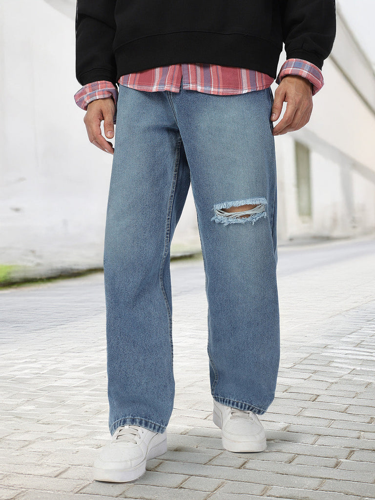 Men's Light Blue Loose Baggy Fit Washed Distressed/Torn Jeans Non-Stretchable