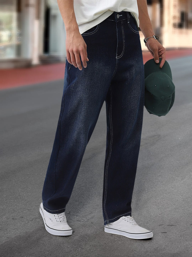 Men's Dark Blue Loose Baggy Fit Washed Jeans Non-Stretchable