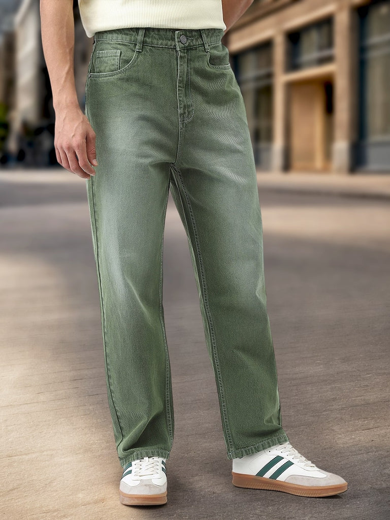 Men's Olive Loose Baggy Fit Washed Jeans Non-Stretchable