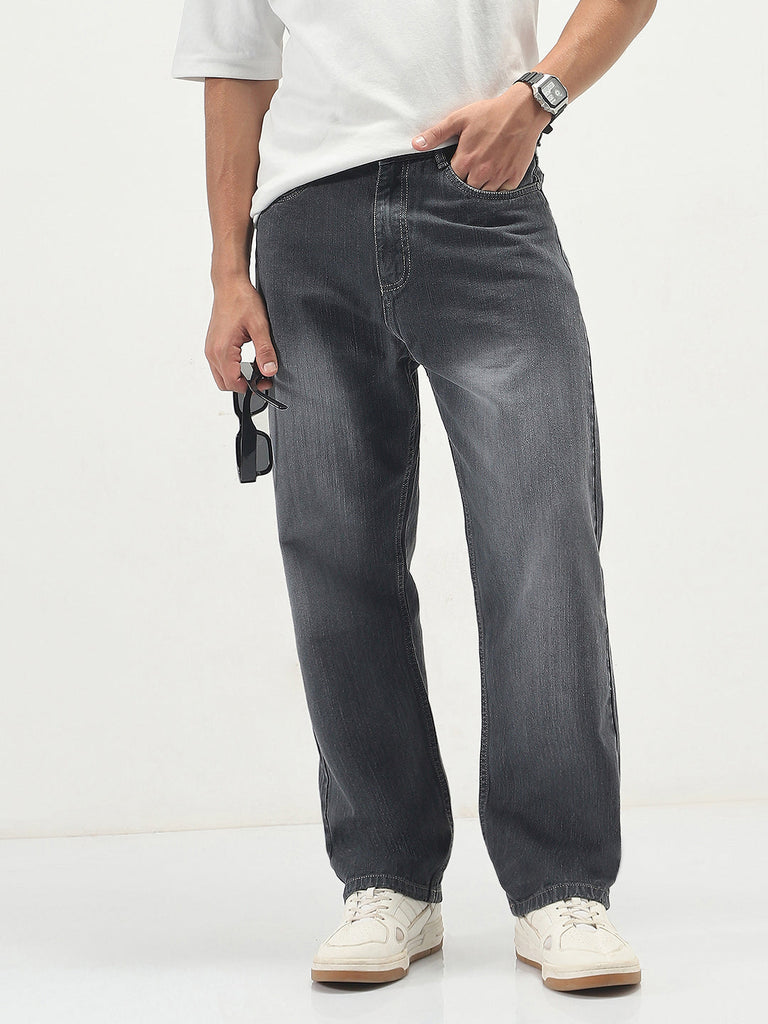 Men's Dark Grey Loose Baggy Fit Washed Denim Jeans Non-Stretchable