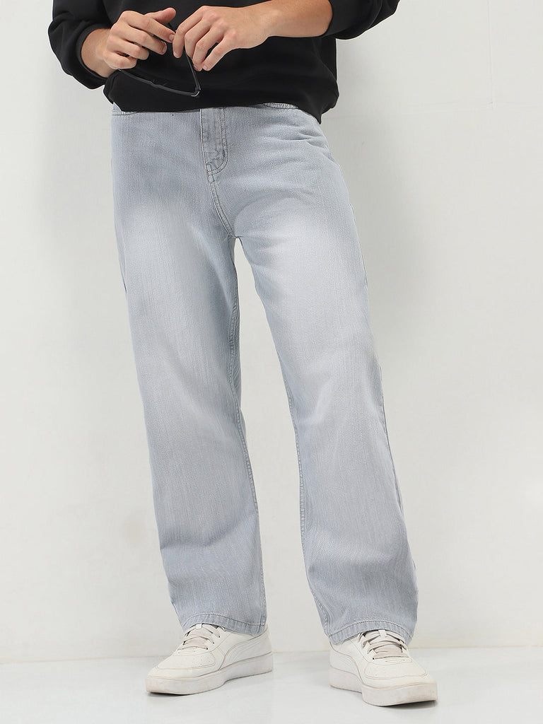 Men's Ice Grey Loose Baggy Fit Washed Denim Jeans Non-Stretchable