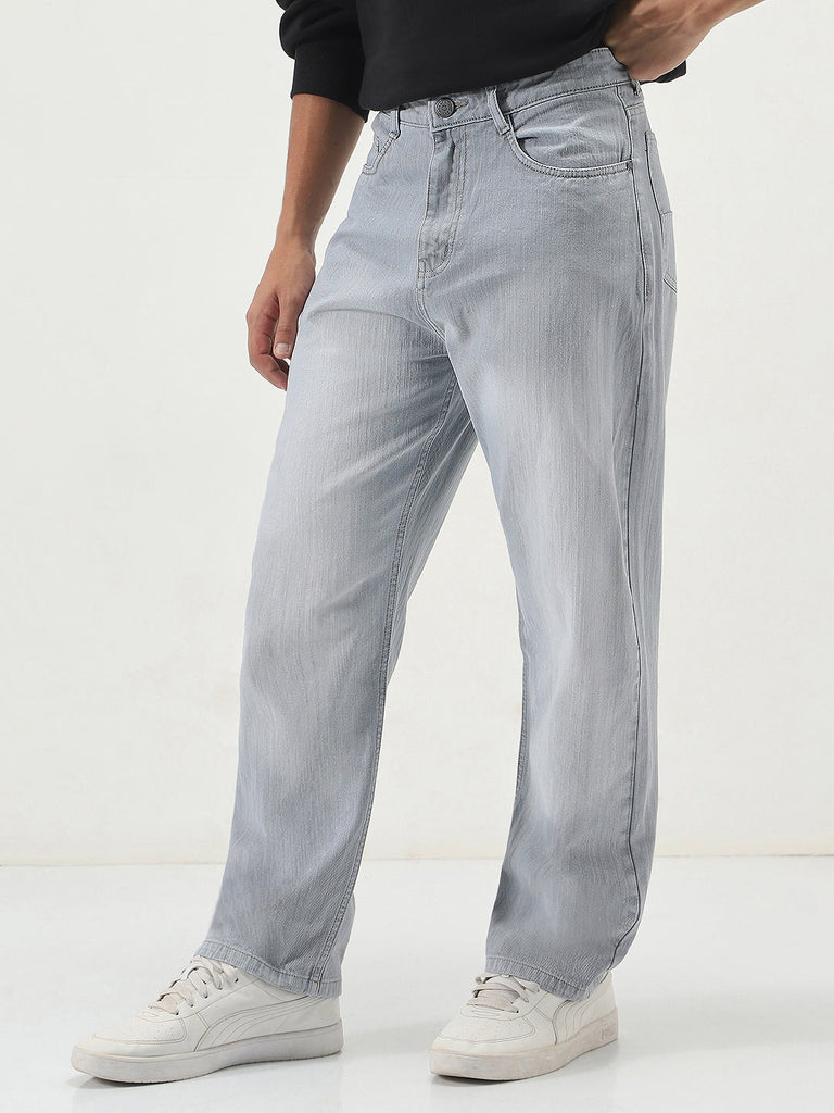 Men's Ice Grey Loose Baggy Fit Washed Denim Jeans Non-Stretchable