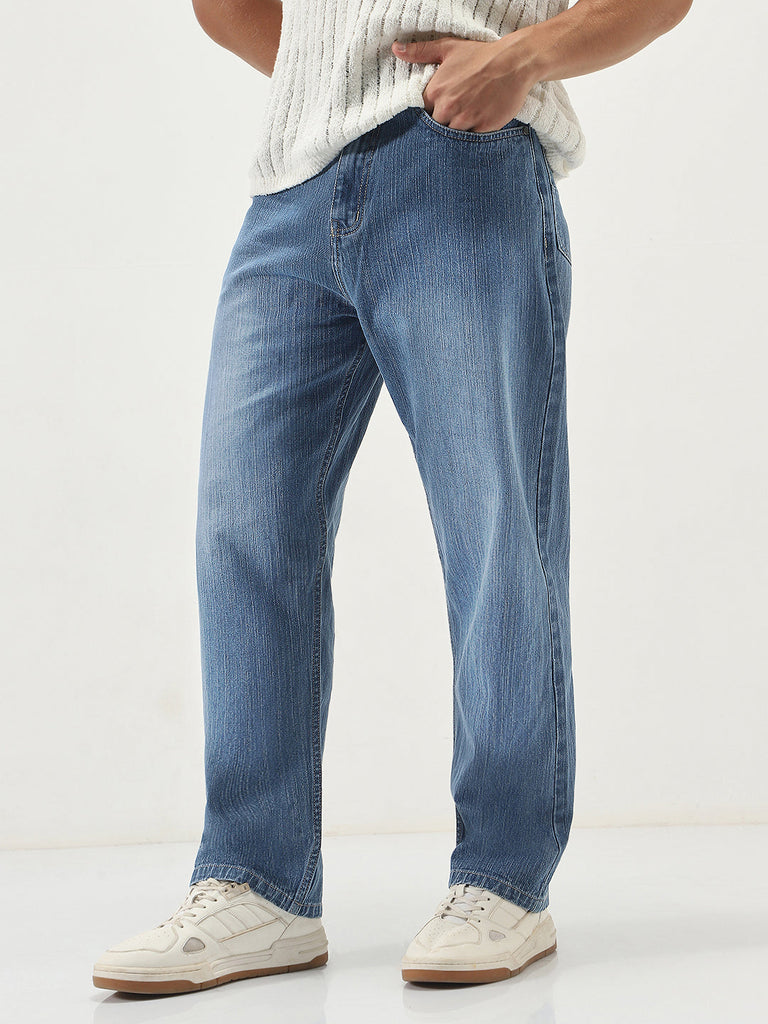 Men's Light Blue Loose Baggy Fit Washed Denim Jeans Non-Stretchable