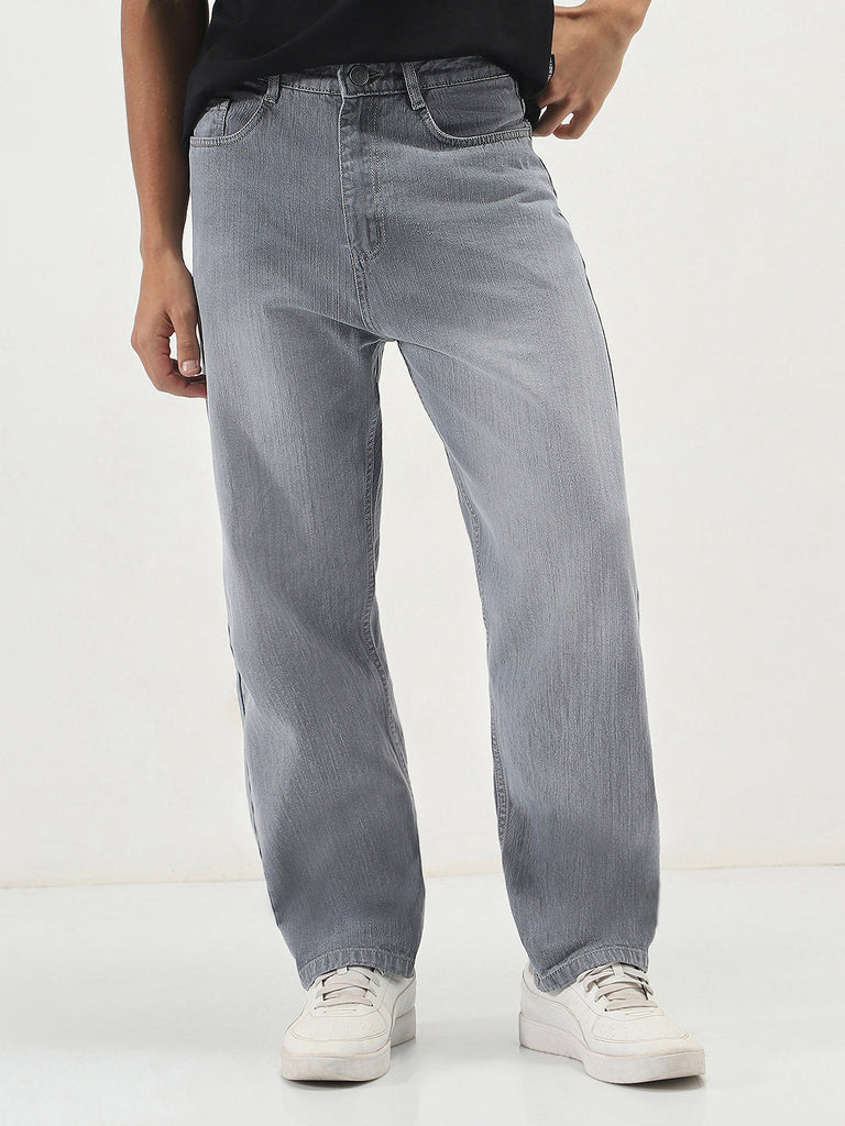 Men's Light Grey Loose Baggy Fit Washed Denim Jeans Non-Stretchable