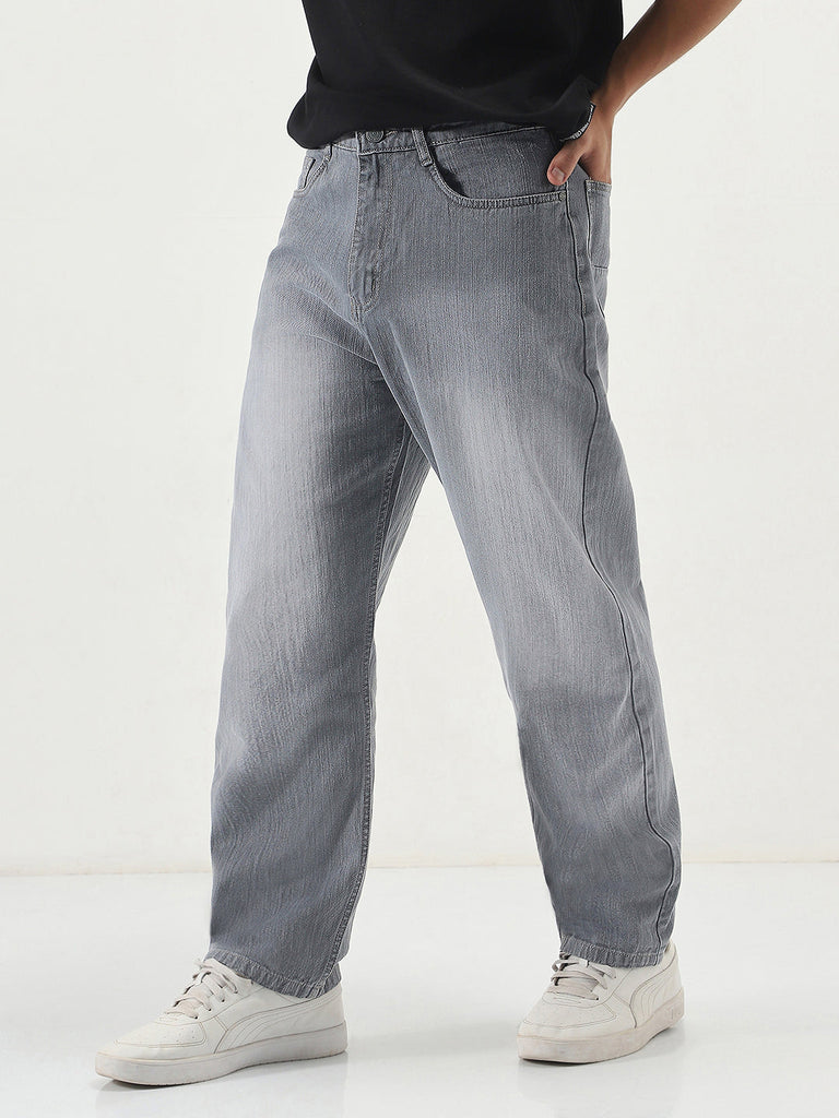 Men's Light Grey Loose Baggy Fit Washed Denim Jeans Non-Stretchable