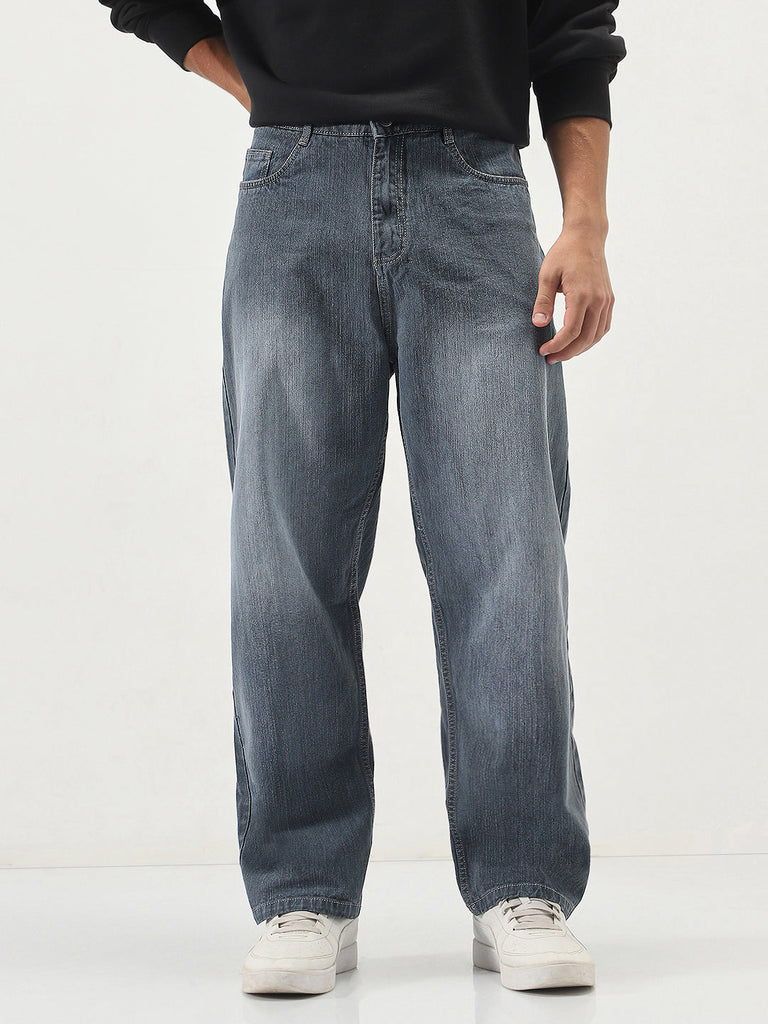 Men's Grey Loose Baggy Fit Washed Denim Jeans Non-Stretchable