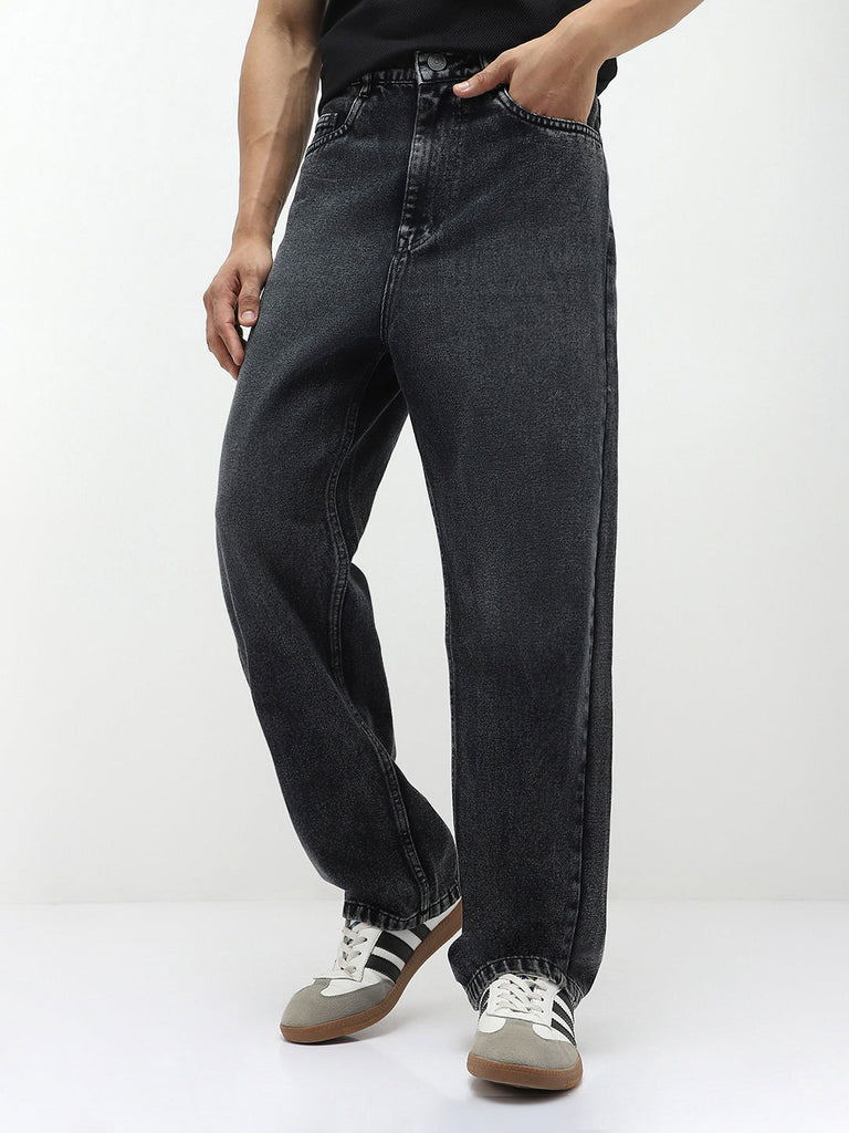Men's Black Loose Baggy Fit Heavy Washed Jeans Non-Stretchable