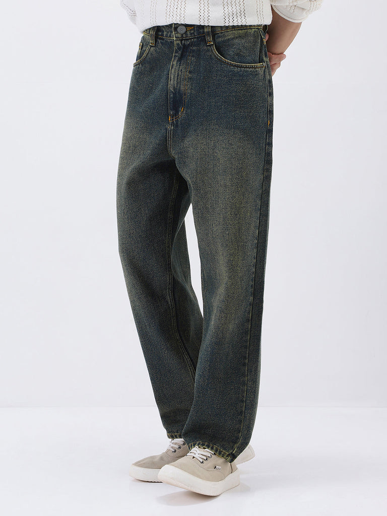 Men's Dark Blue Loose Baggy Fit Heavy Washed Jeans Non-Stretchable
