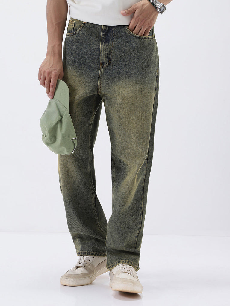 Men's Light Blue Loose Baggy Fit Heavy Washed Jeans Non-Stretchable