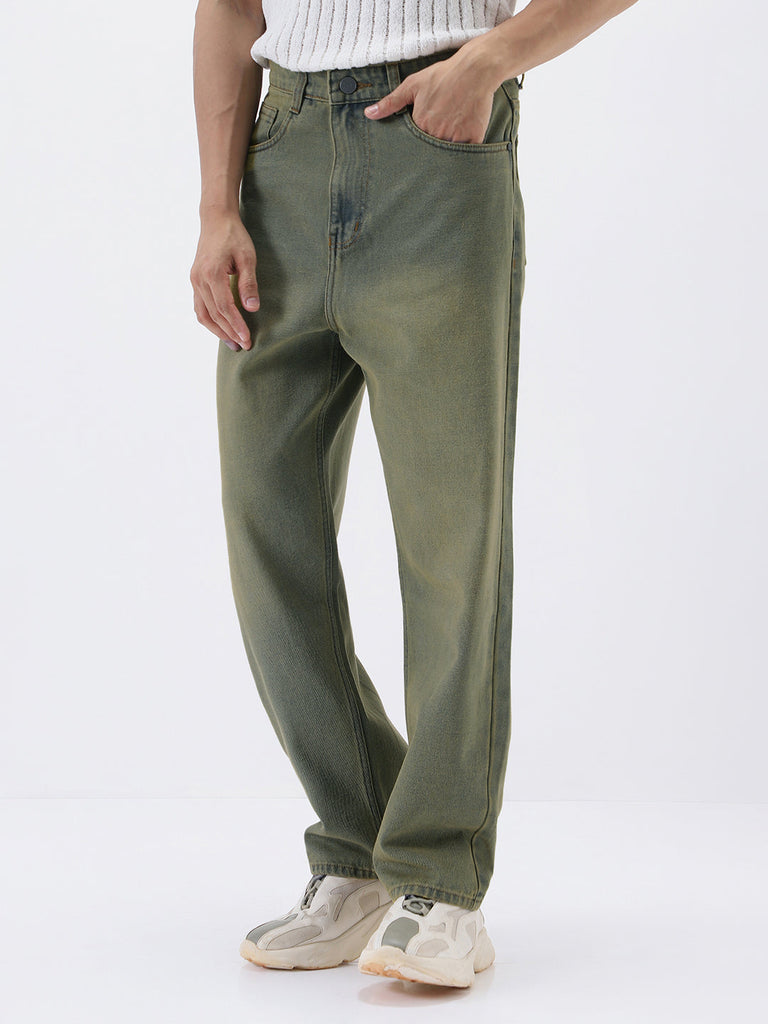 Men's Light Grey Loose Baggy Fit Heavy Washed Jeans Non-Stretchable