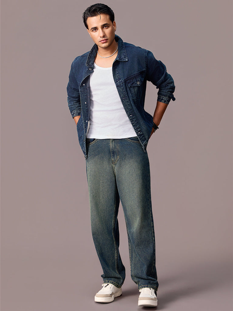 Men's Blue Loose Baggy Fit Heavy Washed Jeans Non-Stretchable