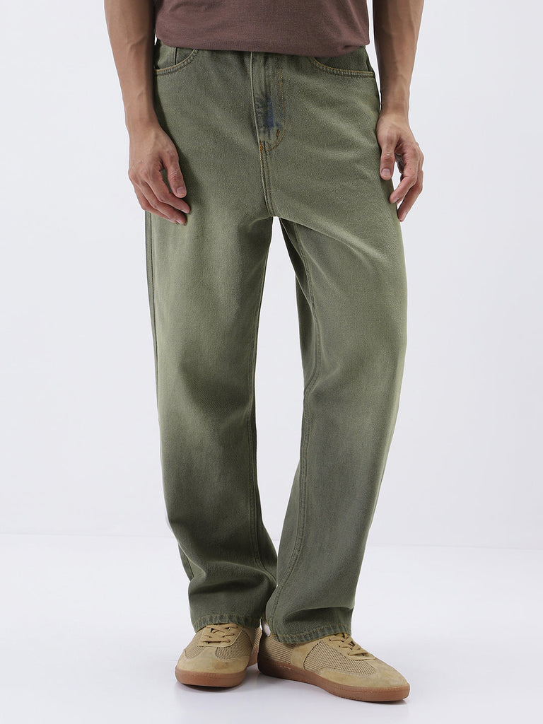 Men's Grey Loose Baggy Fit Heavy Washed Jeans Non-Stretchable