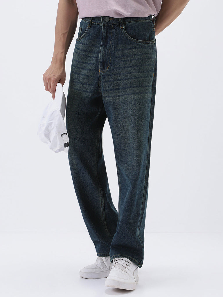 Men's Dark Blue Loose Baggy Fit Heavy Washed Jeans Non-Stretchable