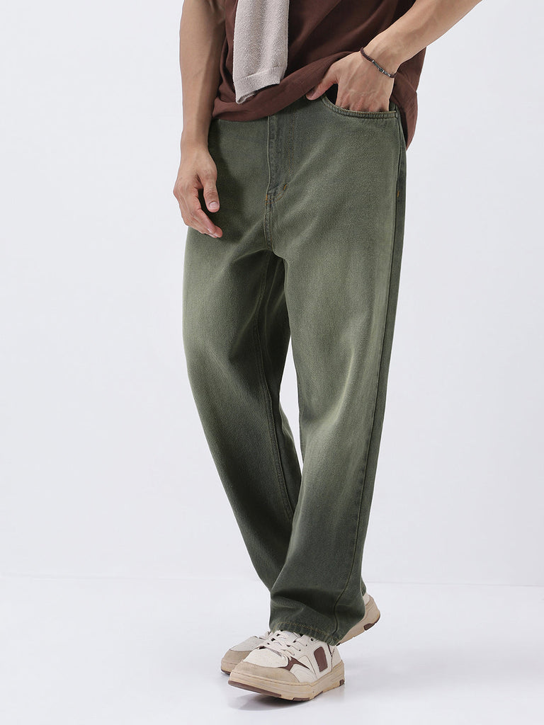 Men's Dark Grey Loose Baggy Fit Heavy Washed Jeans Non-Stretchable