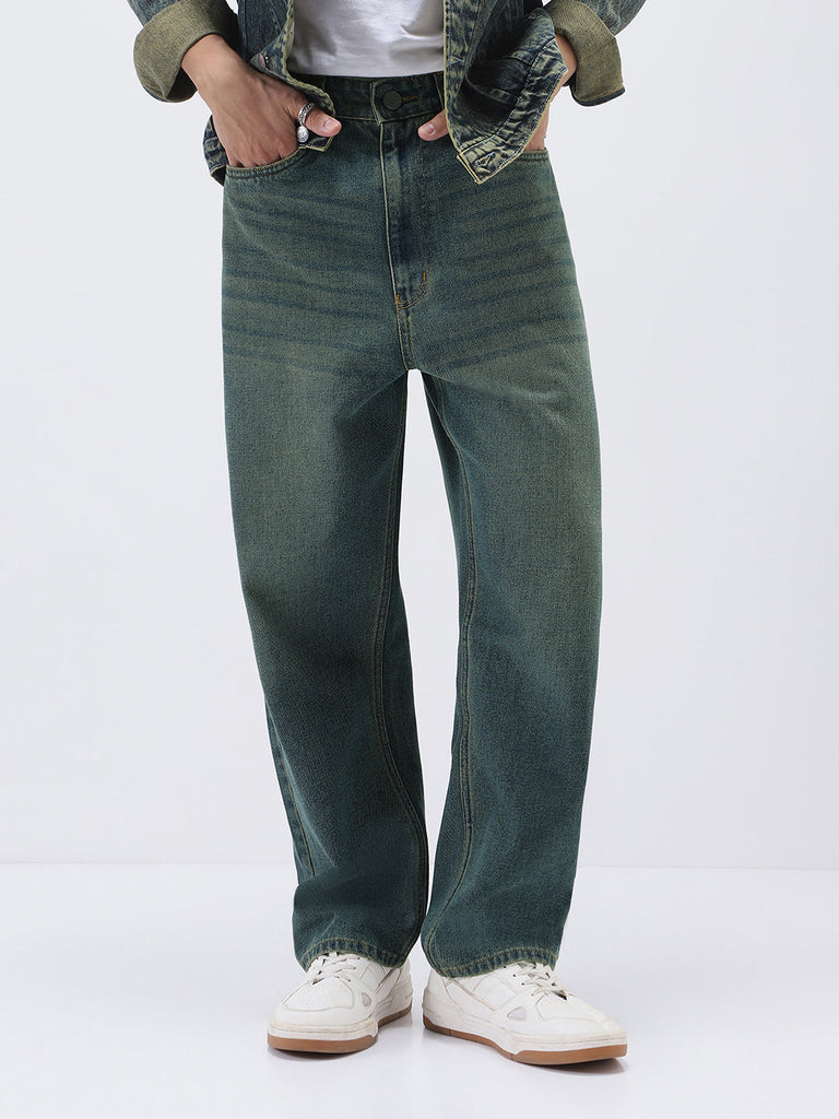 Men's Light Blue Loose Baggy Fit Heavy Washed Jeans Non-Stretchable