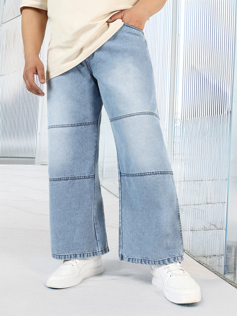 Plus Men's Ice Blue Loose Baggy Fit Cut and Sew Panelled Jeans Non-Stretchable