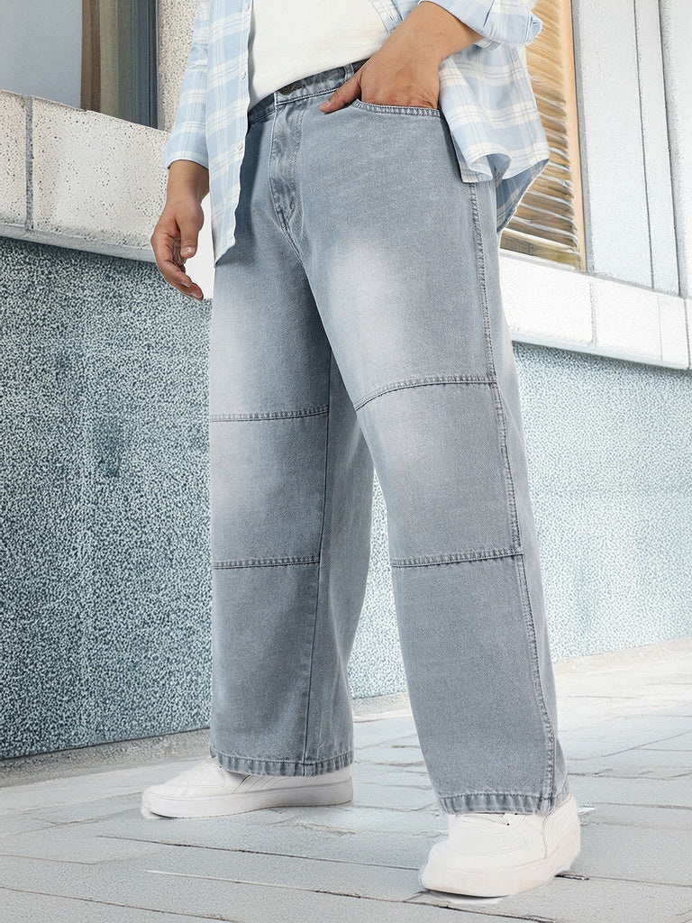 Plus Men's Ice Grey Loose Baggy Fit Cut and Sew Panelled Jeans Non-Stretchable