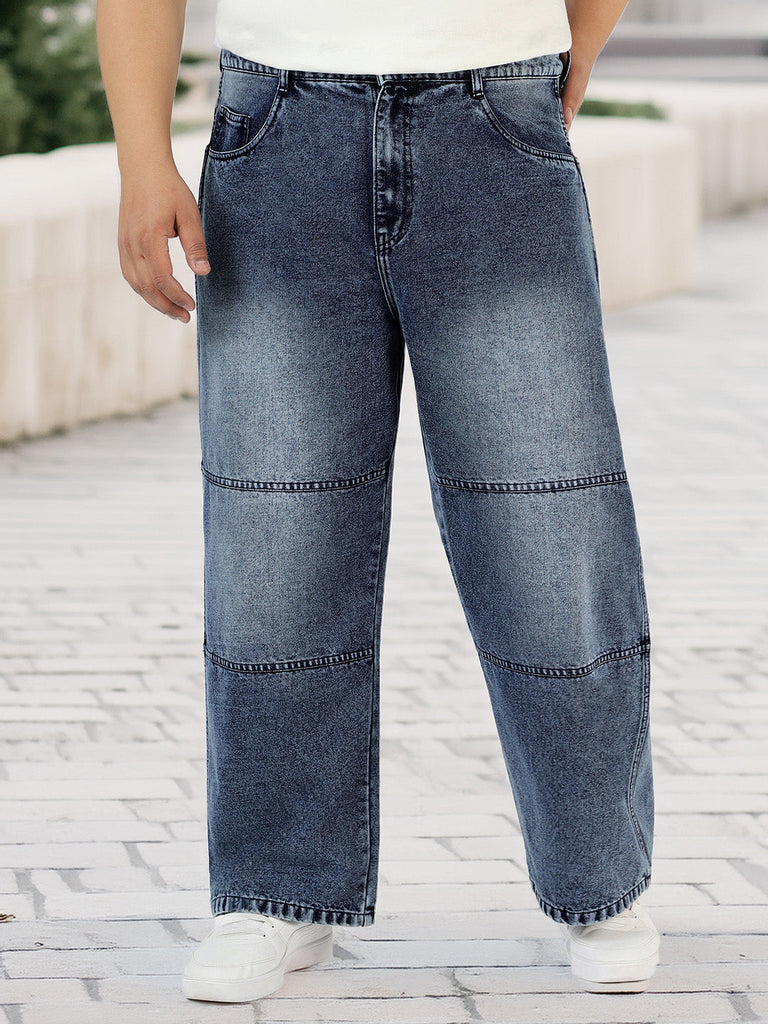 Plus Men's Blue Loose Baggy Fit Cut and Sew Panelled Jeans Non-Stretchable