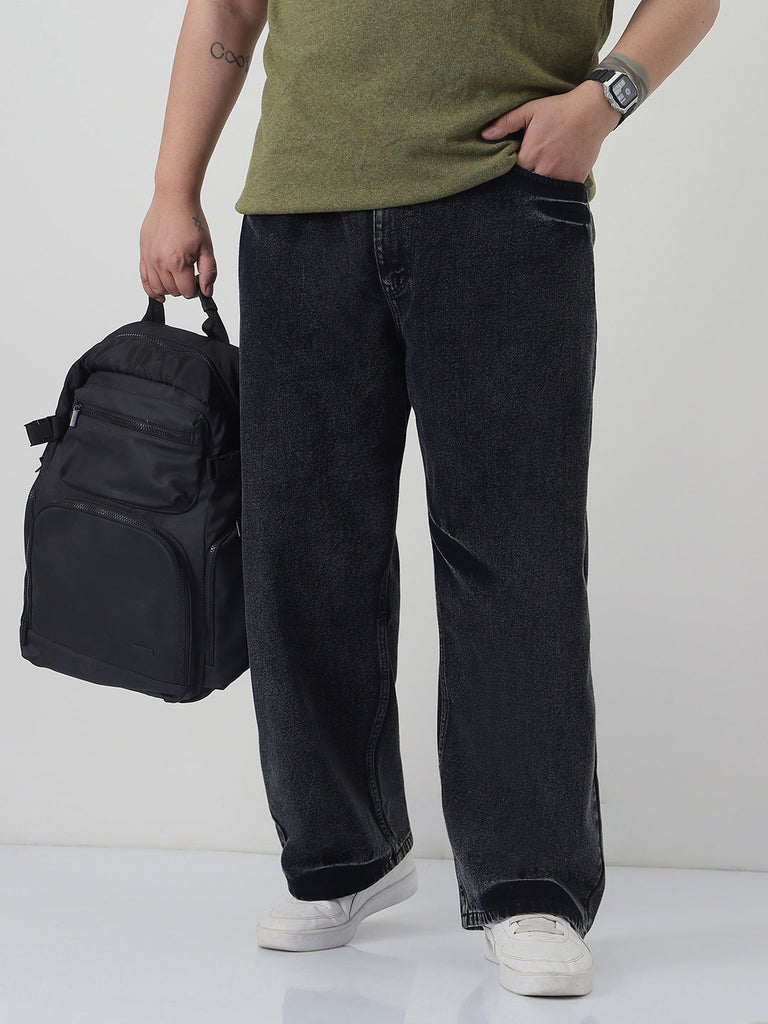 Plus Men's Black  Loose Baggy Fit Washed Jeans Non-Stretchable