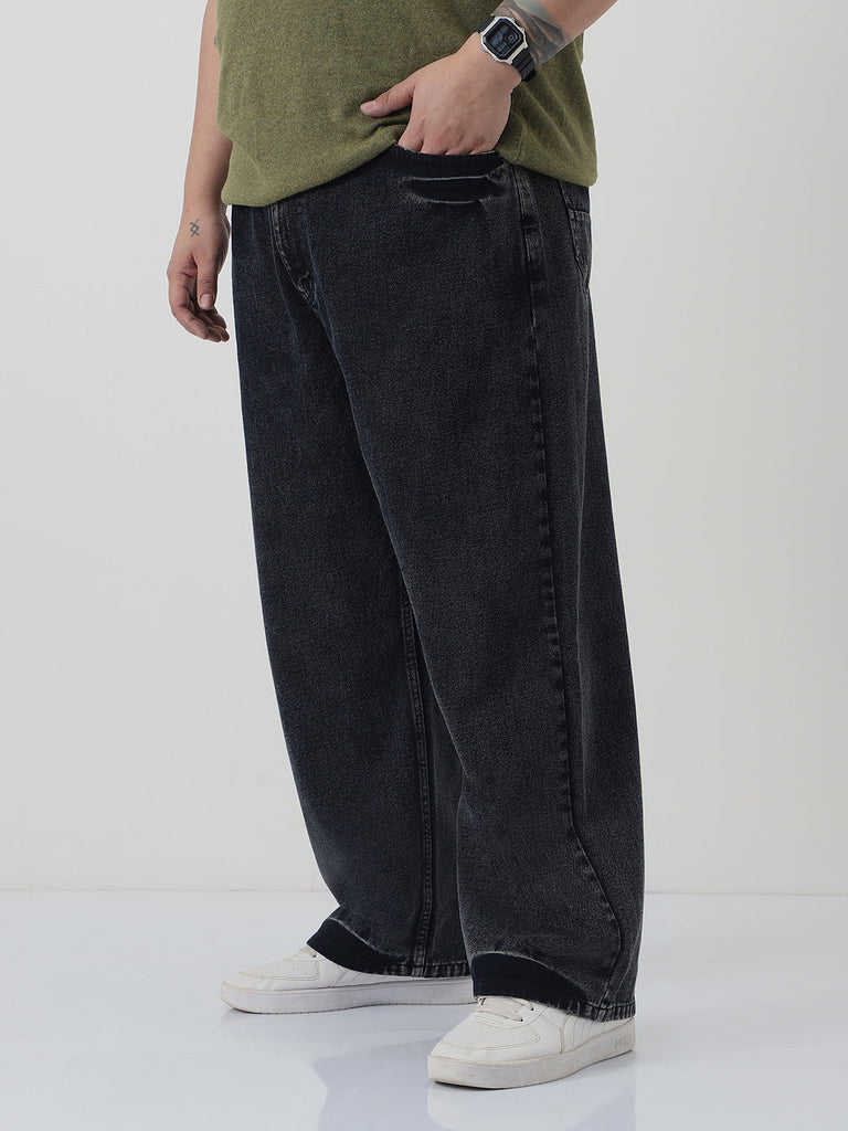 Plus Men's Black  Loose Baggy Fit Washed Jeans Non-Stretchable