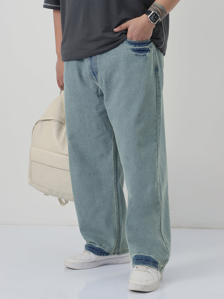 Plus Men's Ice Blue Loose Baggy Fit Washed Jeans Non-Stretchable