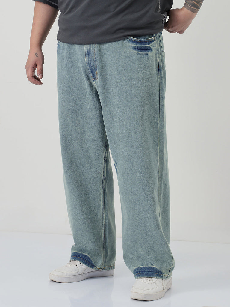 Plus Men's Ice Blue Loose Baggy Fit Washed Jeans Non-Stretchable