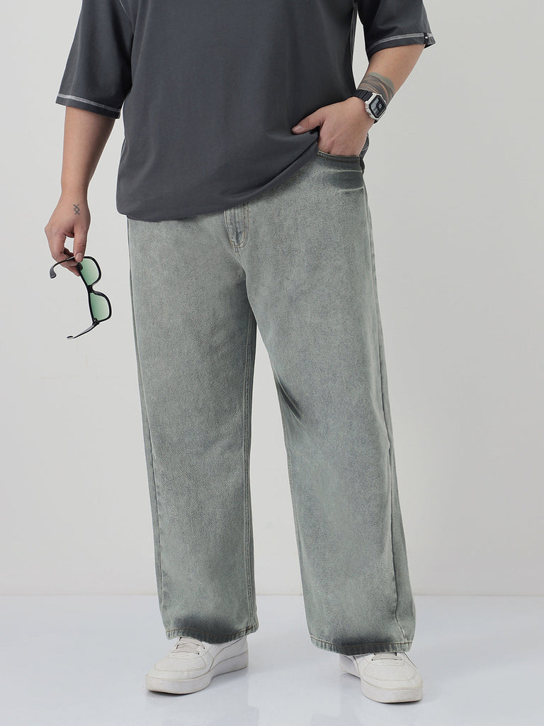 Plus Men's Ice Grey Loose Baggy Fit Washed Jeans Non-Stretchable