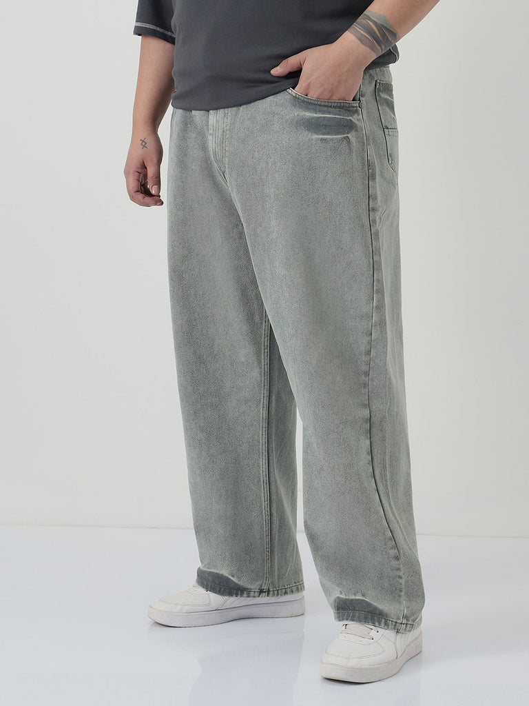 Plus Men's Ice Grey Loose Baggy Fit Washed Jeans Non-Stretchable