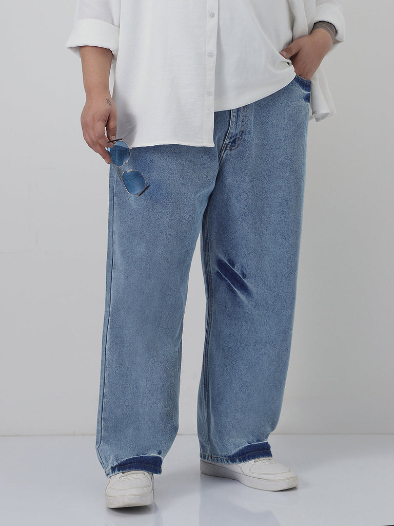 Plus Men's Light Blue  Loose Baggy Fit Washed Jeans Non-Stretchable