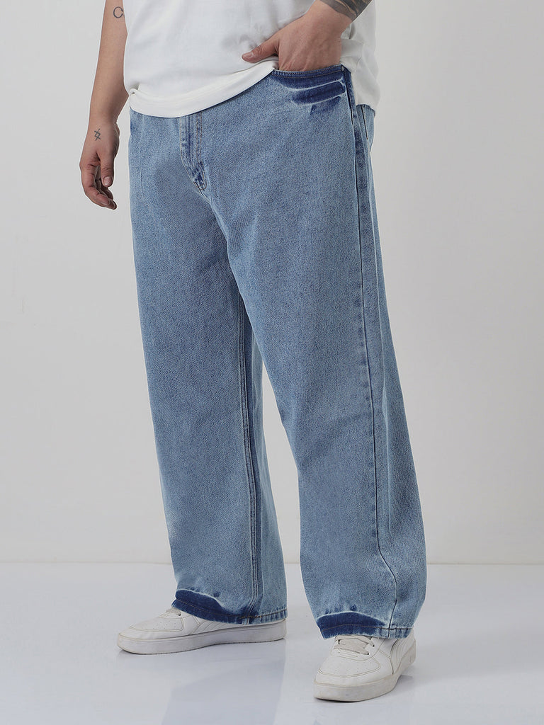 Plus Men's Light Blue  Loose Baggy Fit Washed Jeans Non-Stretchable