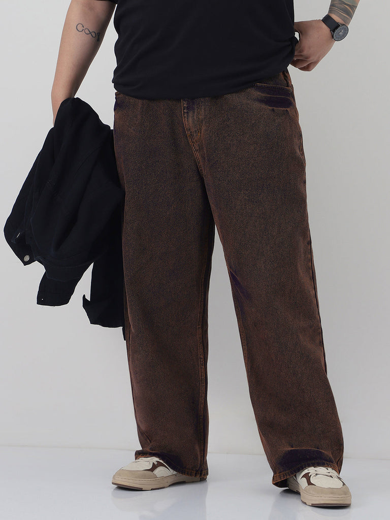Plus Men's Light Brown Loose Baggy Fit Washed Jeans Non-Stretchable
