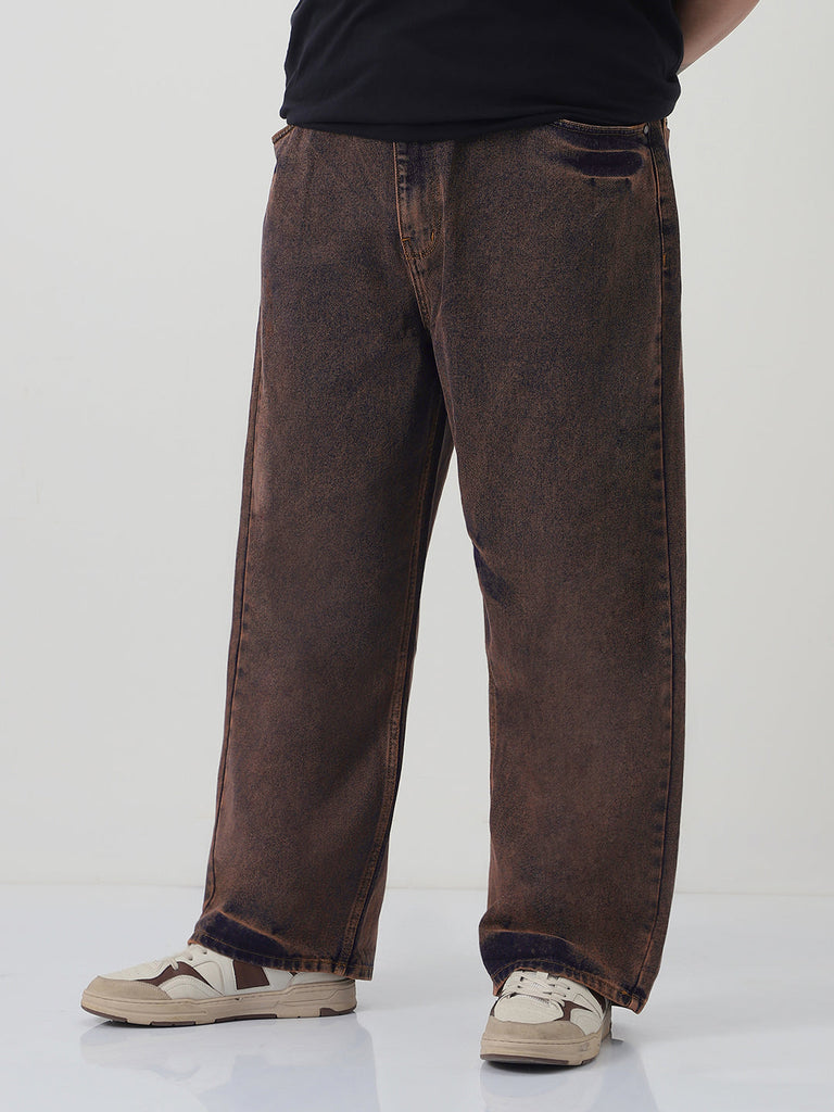 Plus Men's Light Brown Loose Baggy Fit Washed Jeans Non-Stretchable
