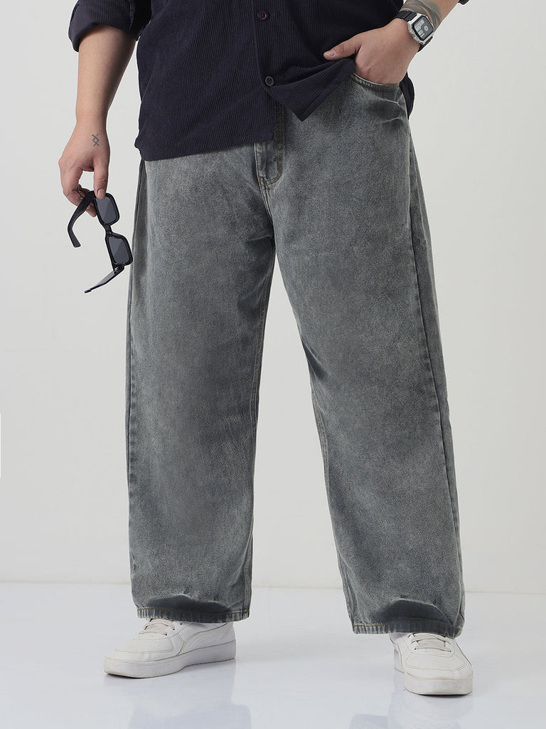 Plus Men's Light Grey Loose Baggy Fit Washed Jeans Non-Stretchable