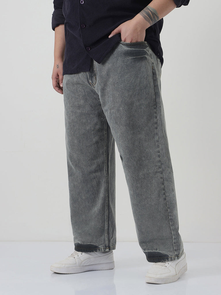 Plus Men's Light Grey Loose Baggy Fit Washed Jeans Non-Stretchable